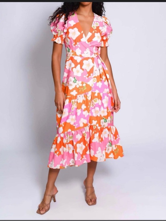 Hutch Dresses & Skirts - Hutch Pink and Orange Floral Wrap Midi Dress with Puff Sleeves